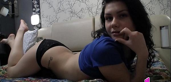  Tattooed slim solo girl strips on camera